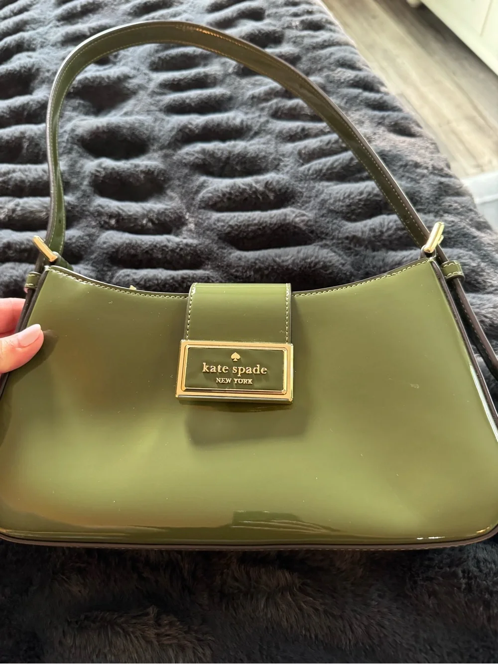 kate spade Olive Green Patent Shoulder Bag with Gold Plaque